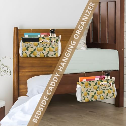 Bedside Caddy Hanging Bunk Bed Caddy Bed Organizer Hanging Pocket with 2 Hooks Bedside Storage Organizer Pocket Bag Holder Beige Lemons and Flowers - color: Beige Lemons and Flowers