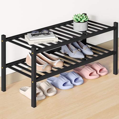 Smiry Bamboo Shoe Rack for Closet, 2 Tier Wooden Stackable Shoe Organizer, Free Standing Shoes Storage Shelf for Entryway, Front Door Entrance, Black - color: Black, size: 2 Tier - Medium