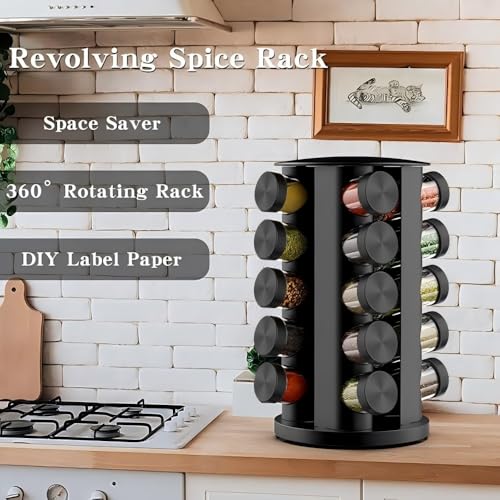 Rotating Spice Rack Organizer for Cabinet, Spice Racks Storage with 20 Jars, Spinning Spice rack for Kitchen Countertop, Spice Holder,Seasoing Storage Racks, Black - color: Black