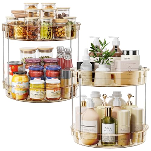 LAMU 2 Pack 2 Tier Lazy Susan Turntable Organizer 12'' Rotating Spice Rack Organization for Cabinet, Kitchen, Pantry, Countertop, Bathroom, Vanity, Medicine Cabinet Organizer, Amber - color: Amber, size: 12in 2Pack