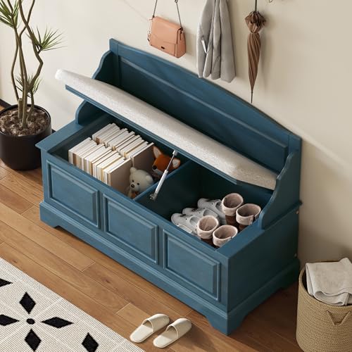 Knocbel Rustic Entry Storage Bench with Hidden Compartments and Removable Cushion, Wooden Entryway Hallway Foyer Shoe Bench Bedroom End of Bed Bench (Antique Navy and Beige) - color: Antique Navy and Beige