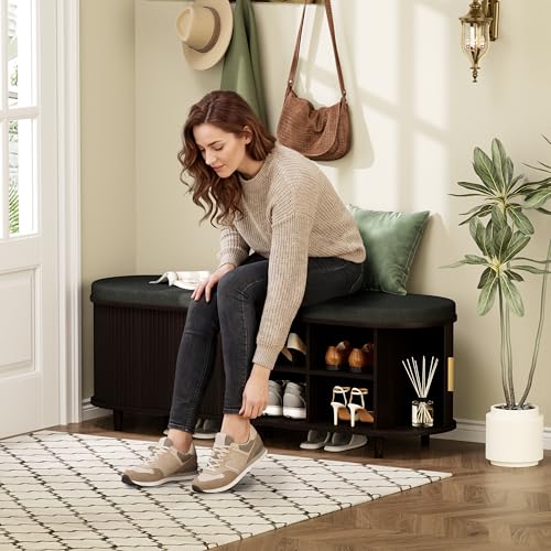 DHH 2-Tier Storage Bench,Wide Shoe Bench with Thickened Padded Seat Cushion, Mid Century Modern Fluted Sliding Door and Adjustable Shelf, for Entryway, Living Room, Bedroom (Dark Walnut, 51.2”) - color: Dark Walnut, size: 51.2 inch