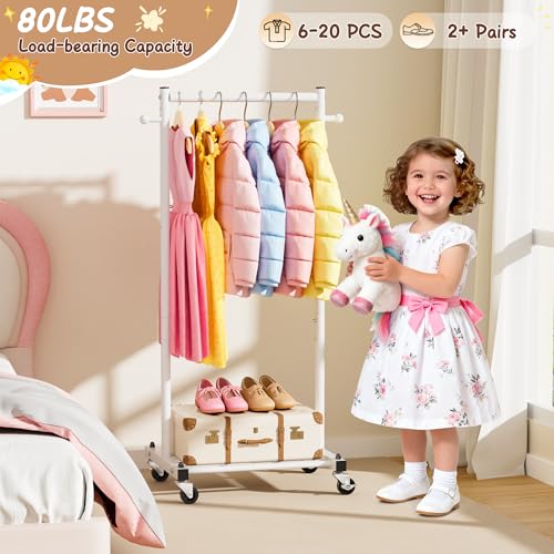 MISSLO Kids Clothing Rack for Small Space Kids Dress Up Storage with Shelf Short Baby Clothes Rack for Hanging Clothes & Dance Costumes Small Garment Rack for Closet, Wardrobe, White - color: White