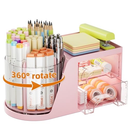 Marbrasse Desk Organizer with 2 Drawer, 360°Rotating Pen Holder, Desk Organizers and Accessories with 6 Slots Pencil Organizer + 2 Drawer, Art Supply Storage Box Caddy for Office (Pink) - color: Pink