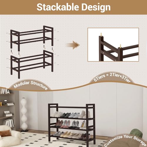 Haddockway Bamboo Shoe Rack for Closet, Free Standing Shoe Organizer with Smooth Round Rods & Convenient Handles, Stackable Shoe Storage Shelf for Entryway, Hallway(Brown, 4-Tier) - color: Brown, size: 4-Tier_Standard