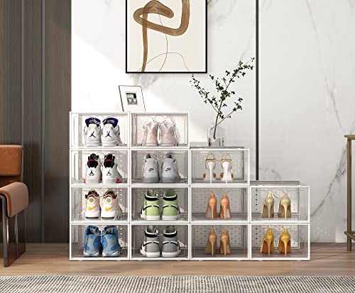Pinkpum XXL Larger Shoe Storage Boxes Fit Size 14, Clear Plastic Stackable Shoe Organizer 12 Pack Sneaker Storage for Sneakerheads Shoe Containers - color: White, size: 12 Pack XX-Large
