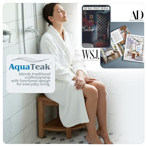 AquaTeak Patented 15.5" Kai Stainless Corner Teak Shower Bench - Shower Stool with Storage Shelf for Bathroom - Water Resistant Shower Chair with Teak Oil & Cleaner CareKit - Shaving Foot Rest - size: Stainless - Care Kit, style: Corner Stool With Shelf