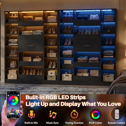 Besiost 40" Closet System with LED Lights, Wooden Closet Organizer with Drawers & Shelves, Versatile Closet Storage Tower for Walk-in Closets, Shoe Rack and Handbag Storage Cabinet, Black - color: Black