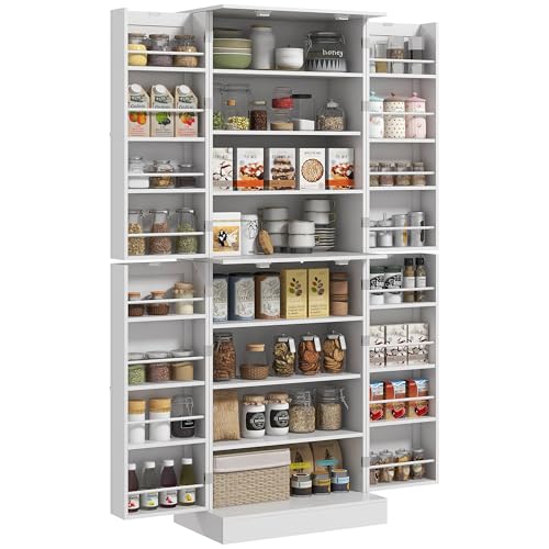 HOMCOM 65" Kitchen Pantry Storage Cabinet, Freestanding Kitchen Cabinet with 16 Door Shelves, Double Doors, 8-Tier Shelving and Adjustable Shelves, White - color: White, size: 65"H
