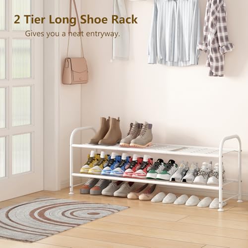 LINZINAR Shoe Rack Long 2 Tier Shoe Storage Organizer Metal Wide Shoe Shelf for Closet Entryway Bedroom 18 Paris Large Capacity, White - color: White, size: 2-Tier