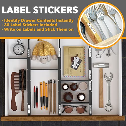 SpaceAid Bamboo Drawer Dividers with Inserts and Labels, Kitchen Adjustable Drawer Organizers, Expandable Organization for Home, Office, Dressers, 4 Dividers with 9 Inserts (17"-22" Black) - color: BLACK, size: 2.35''H, 17''-22''L, 4 Dividers