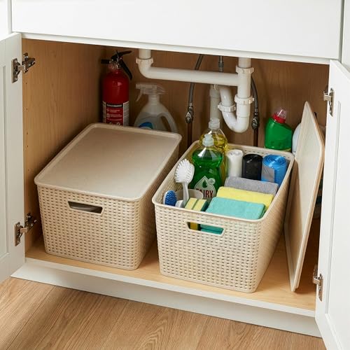 BINO | Plastic Storage Baskets with Lids, 33 Liter - 3 Pack, Natural | THE WOVEN COLLECTION | Storage Basket for Shelves | Woven Storage Baskets for Organizing Bins | Pantry Shelf Organizer Bin - color: Natural, size: 33L | 3-Pack