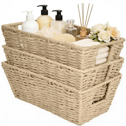 Paper Rope Storage Baskets for Shelves Organizing, Small Hand Woven Wicker Organizer Basket with Handle for Bathroom Toilet Paper Storage, Beige, 3-Pack - color: Paper Rope Beige, size: 3 Pack