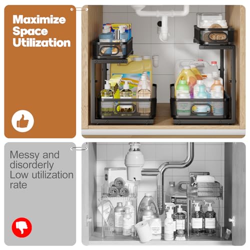 2 Pack 19.3IN-Depth Under Sink Organizer with Smooth Cylindrical Rail,2-Tier Pull Out Multi-Purpose Cabinet Storage for Bathroom&Kitchen,Height Adjustable,Rust-Resistant Coating-Black - color: Black, size: 2 Pack-19.3"Dx11"-16.14"H