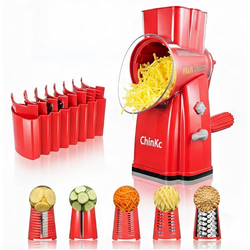 Upgrade Rotary Cheese Grater Shredder with Handle, Strong Suction Base, Multi-purpose Rotary Grater Slicer with 5 Interchangeable Blades for Ice, Vegetables, Fruit, Nuts with Blade Storage Box - color: Red