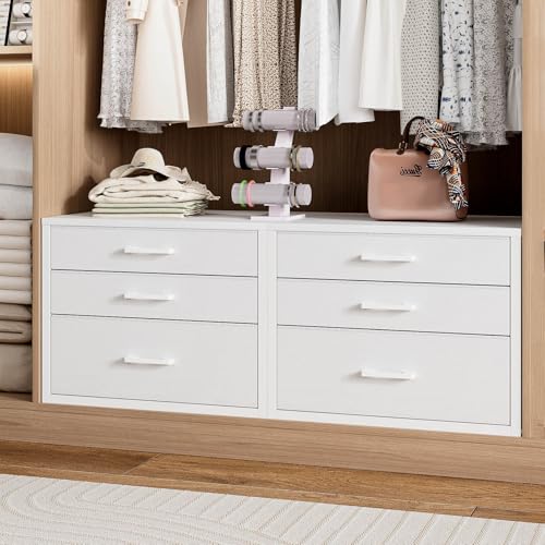 Closet Drawers Set of 2, White Closet Organizer with 3 Fabric Drawers, Stackable Storage Drawers for Closet, Bedroom, Dorm (White)