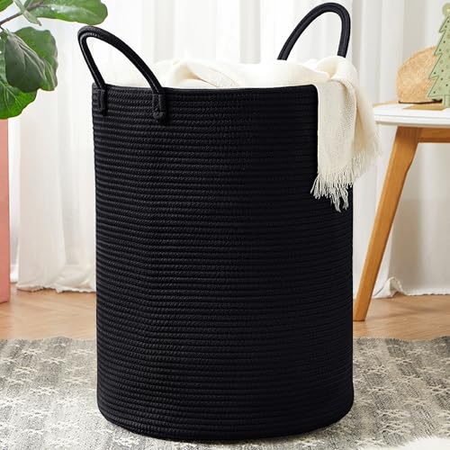 80L Extra Large Black Laundry Hamper Tall Woven Rope Laundry Basket for Clothes Modern Blanket Storage Basket in Living Room Bedroom 16"L x 16"W x 22"H - color: Black, size: Extra Large (80L)