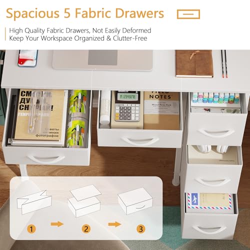 HIGDBFE Small Desk with 5 Fabric Drawers, 33 Inch Writing Desk for Home Office, Simple PC Desks for Small Place, Kids Girls Teen Study Table Vanity for Bedroom, Dorm, White, 14" D - color: White