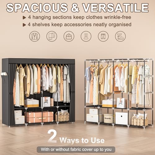 Neatrays Wardrobe Closet, 66 Inch Portable Closet for Hanging Clothes, Large Capacity Clothes Rack Organizer with Cover & 4 Hanging Rods & 8 Storage Shelves & 2 Side Pockets (Black) - color: Black, size: 4 Row - 67"Wide