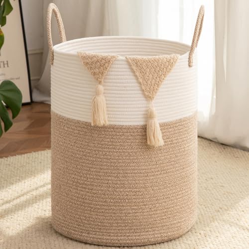 OIAHOMY Large Laundry Basket Hamper - 80L Cotton Rope Woven Basket for Blankets, Toys, Clothes - Tall Decorative Nursery Hamper with Long Handles, Brown/White - color: Brown/White, size: 80L