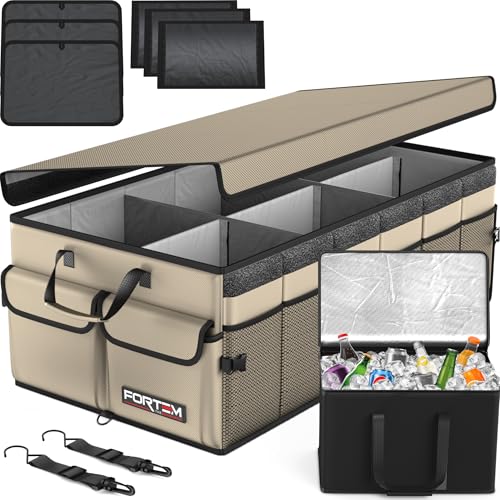 FORTEM Trunk Organizer with Cooler For SUV Car Trunk, Foldable Storage, Car Accessories for Women Men, Collapsible Bag, Perfect Christmas Gifts, 600D Oxford, Non Slip Bottom, Straps, Soft Cover (105L) - color: Beige, size: XXL (105L)
