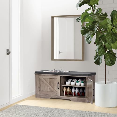 HOMSHO 2-Tier Storage Bench, 39.4" Wide Shoe Bench with Padded Seat Cushion, Entryway Bench with 2 Barn Doors and Adjustable Shelf, Greige - color: Greige, size: 39.4" Wide