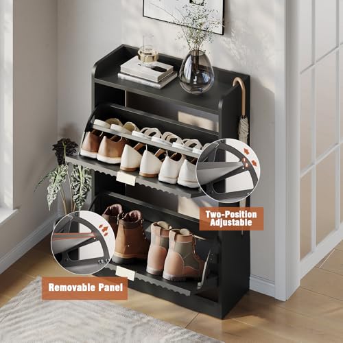 Black Fluted Shoe Cabinet with 2 Flip Drawers, Narrow Shoe Storage Cabinet for Entryway, Freestanding Shoes Rack Organizer Cabinets with Adjustable Shelves for Entryway, Hallway - color: Black, size: 2-Drawers