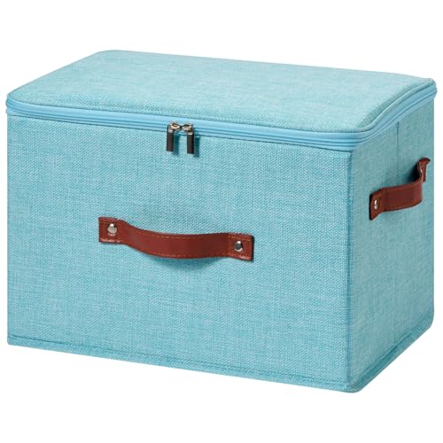 Storage Bin Box with Zippered Lid Cotton Linen Fabric Decorative Basket with PU Leather Handles PP Plastic Board Foldable Lidded Clothing Shelf Closet Organizer Container (Blue, Large) - color: Blue, size: Large ( Pack of 1 )