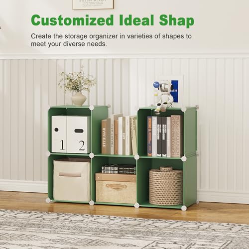 C&AHOME 6-Cube Storage Organizer, Stackable Storage Cubes Shelves, Portable Bookshelf, Plastic Clothing Storage Closet Organizer, DIY Modular Shelving Units for Wardrobe, Home, Green - color: Green