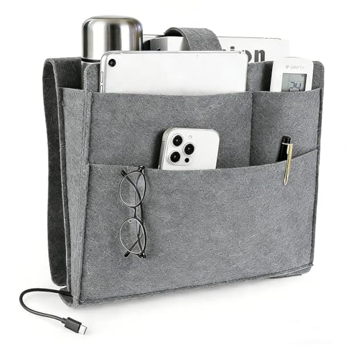 Felt Bedside Caddy, Large Bed Storage Organizer Hanging Bag Holder with Cord Slit,Magazine Book Phone and Remote Caddy for Bed Home Dorm Sofa,Bedside Pouch - color: Gray