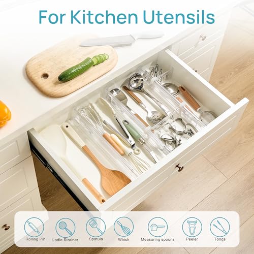 Vtopmart 2.36” Drawer Dividers with Expandable Inserts, 12.8"-22.3" Adjustable Kitchen Drawer Organizer, Clear Plastic Organizer Separator for Flatware, Utensil, Cutlery, 8 Dividers with 14 Inserts - size: Short-2.36" with Inserts