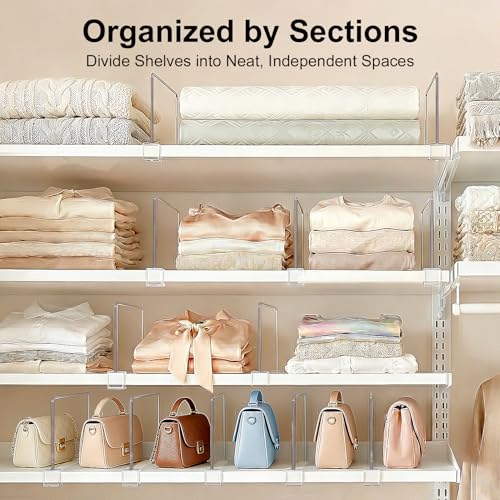 Purse Organizer for Closet Shelf Dividers: 6-inch Tall (Shorter Version) Adjustable Clear Acrylic Bag Storage Organizer for Handbags, Sweaters, Towels, Jeans and Shoes on Wood Shelves 8-Pack - color: Clear:8-pack, size: Small: 6" Tall x 10" Deep