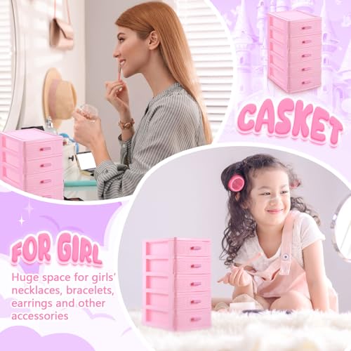 Threehoney Pink Plastic Storage Drawers Desktop Storage Box Mini Drawer Organizer Necklace Jewelry Storage Case Cute Plastic Dresser for Girls Bathroom, Dorm, Desk, Home, 5 Layers