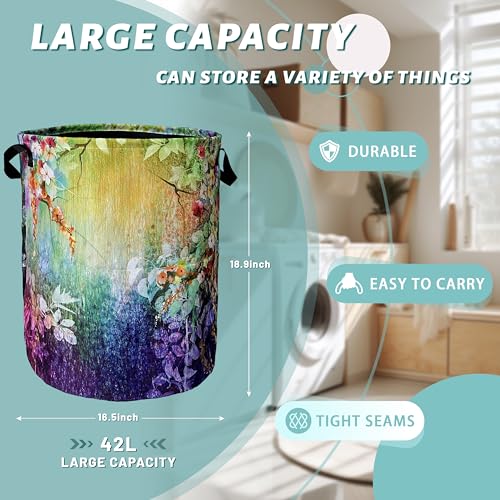 Abstract Watercolor Flowers Laundry Basket Foldable With Handles Tote Bag Oxford Cloth Colorful Laundry Hamper Clothes Storage Bucket Toy Organizer 18.9"x16.5"For Bathroom/Laundry/Bedroom - color: Beautiful Flowers Watercolor Floral