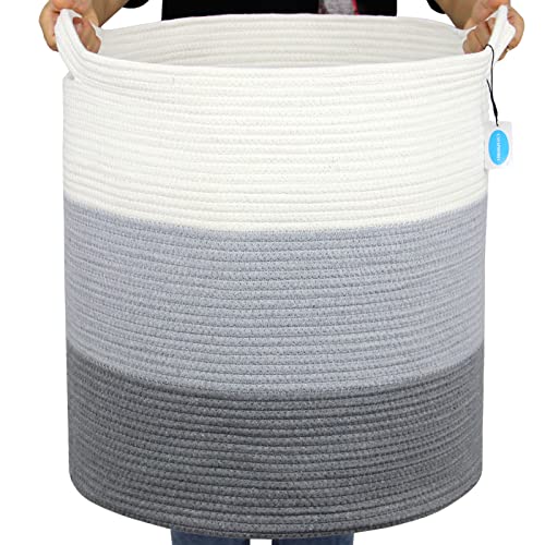 Casaphoria Cotton Rope Storage Basket for Organizing,Round Blanket Basket Living Room,Woven Laundry Basket with Handles for Bathroom Bedroom,Stripe Woven Cotton Laundry Hamper,Tall Laundry Basket - color: ‎cream and gray