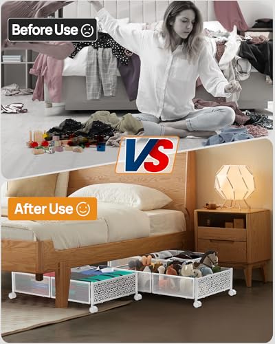 Under Bed Storage With Wheels, 4 Pack Foldable Pattern Carved Metal Under Bed Storage Containers, 60L Rolling Underbed Storage, Easy Assembly Under The Bed Storage for Shoes, Blankets... - color: White, size: 4 Pack