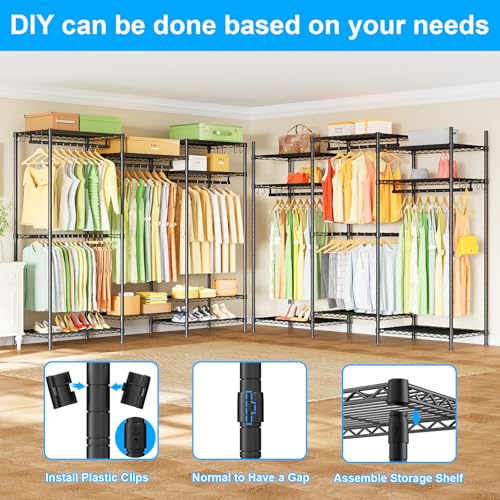 Ulif E13 Heavy Duty Clothes Rack（With 4 Hanger Rods & 8 Shelves） Freestanding Clothing Racks for Hanging Clothes，Adjustable Closet Organizer，Metal Garment Rack 63" W x16 D x77 H，Max Load 900LBS，Black - color: Black, size: E13