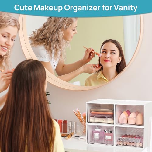Vtopmart 4Pack Small Stackable Storage Drawers, Bathroom Makeup Organizer,Plastic Storage Bins For Vanity, Undersink, Kitchen Cabinets, Pantry, Home Organization(White) - style: 4pack-White