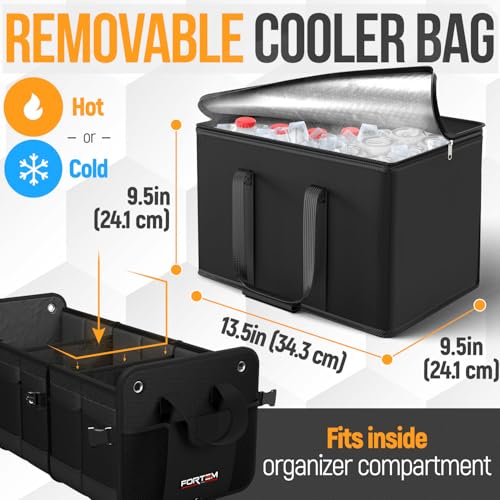 FORTEM Trunk Organizer with Cooler For SUV Car Organizer and Storage, Collapsible Multi-Compartment, Perfect Christmas Gifts For Men, Women, 1680D Oxford, Non Slip Bottom, Straps, Soft Cover 110L - color: Black, size: Double Extra Large (110L)