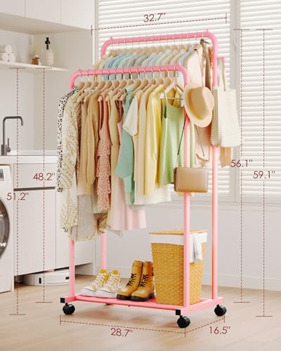 Sakugi Clothes Rack - Double Rods Clothing Rack with Mesh Shelf, Hooks & Wheels, Metal Clothing Racks for Hanging Clothes & Bags, Multifunctional Garment Rack for Laundry, Pink, 28.7" x 16.5" x 59.1" - color: Pink, size: Large 28.7"W x 16.5"D x 59.1"H