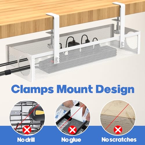 Under Desk Cable Management Tray No Drill 15.1’’, Metal Mesh Cable Management Box with Hybrid Side Slots & Reinforced Basket,Adjustable Cable Tray with Wire Management for Office Home,1 Pack (White) - color: White
