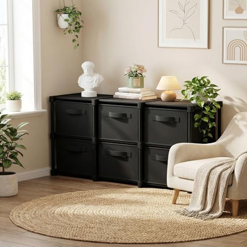 Thyle Large Cube Storage Organizer Shelf with 6 Bins 14 Inch Fabric Collapsible Cubby Storage Drawers Shelving Unit for Christmas Ornaments Clothes Toys Craft(Black,Minimalist) - color: Black, style: Minimalist