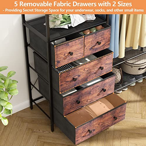Auromie Clothes Rack with 5 Drawers & 4 Storage Shelves, 59.1W*70.9H Heavy Duty Clothing Rack with 2 Hanging Rods, Wardrobe Closet Organizer System with 5 Hooks, Freestanding Garment Rack (Rustic) - color: Rustic