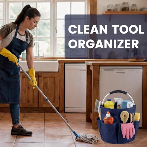 Cleaning Caddy with Handle and 6 Pockets, 17L Cleaning Supplies Organizer, 600D Oxford Fabric Storage Basket, Multifunctional Bucket Bag for Picnics, Camping, Gardening, Bathing (Dark Blue) - color: Dark Blue