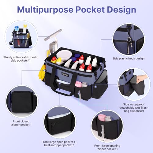 JKAOO Large Wearable Cleaning Caddy Bags,Cleaning Supplies Storage Bag with Handles and Adjustable Shoulder Strap and Removable Waist Straps,Waterproof Cleaning Bags for Home,Car,Office (Denim Blue) - color: Denim Blue