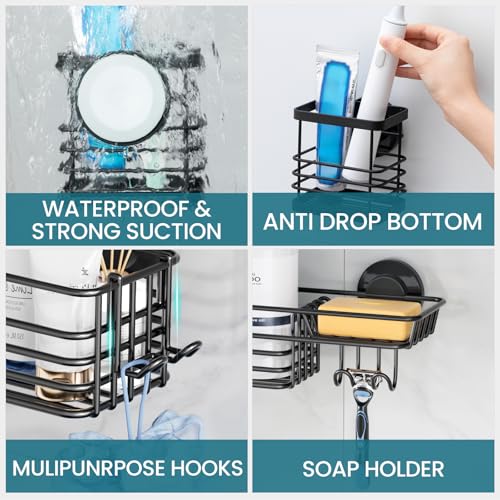 TAILI Shower Caddy Suction Cup, 3 Pack Shelves for Inside with Hooks & Soap holder Toothbrush Cups, Removable Bathroom Organizer, Rustproof Black Holder Storage-Black - style: 3× Black