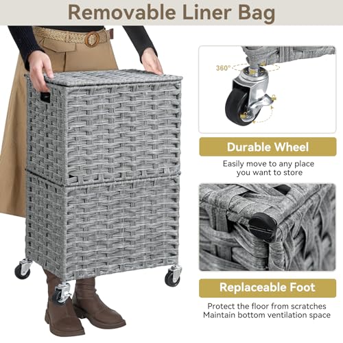 Chrislley 90L Slim Laundry Hamper with Wheels, Rolling Laundry Basket with Lid and Renovable Liner Bag, Handwoven Rattan Organizer for bedroom, bathroom, laundry room (Grey) - color: Grey