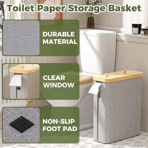 42L Toilet Paper Basket with Bamboo Lid, Toilet Paper Storage with Toilet Paper Holder & Non-Slip Mat for Bathroom Organizer, Holds up to 19 Regular Rolls or 14 Mega Rolls, Collapsible & Stackable - color: White