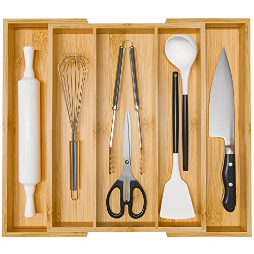 Bamboo Utensil Organizer Cutlery Organizer - Expandable 5 Slots Multipurpose Kitchen Drawer Organizer for Large Cooking Utensils, Baking Tools, Knife Set W13.7"-19.9" x L17.6" X H2.5"(Yellow) - color: Yellow