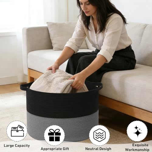 65L Large Blanket Basket,Woven Rope Laundry Basket Hamper with Handles,Decorative Nursery Basket Storage Bin for Toys, Pillows,Clothes Organizer, Living Room,Bedroom,Bathroom,Black&Dark Grey - color: Black&Dark Grey, size: 19.7"L x 19.7"W x 13"H(65L)